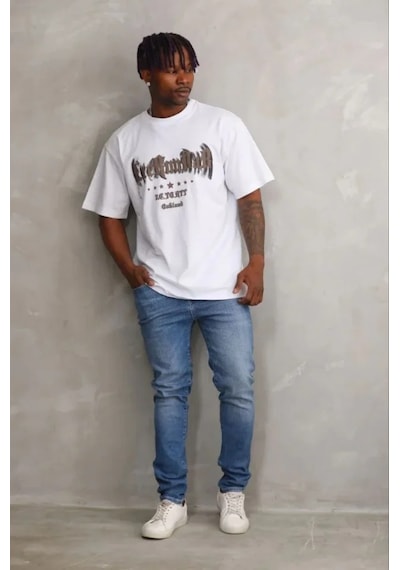 Modi Erkek Baskılı T-shirt Kısa Kol Bisiklet Yaka Regular Fit Rahat Kalıp Günlük Tişört - Beyaz - Mymg185500