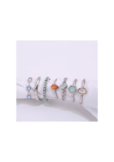 Azure Silver Gümüş Renkli Kristal Mavi Taşlı Şık Modern Bohem 7 Parça 7'li Yüzük Seti
