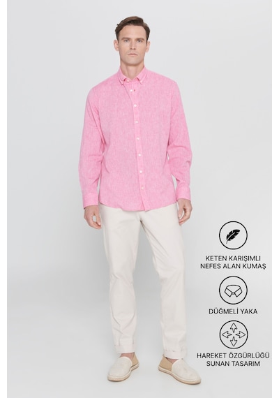 AC&Co / Altınyıldız Classics Erkek FUSYA Comfort Fit Rahat Kesim Düğmeli Yaka Casual Keten Gömlek Fuşya
