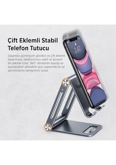 Alüminyum Katlanabilir Metal Masaüstü Telefon Tutucu Standı Gümüş