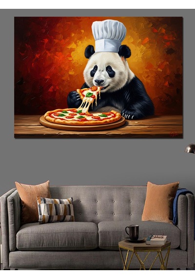 Pizza Yiyen Şef Önlüklü Panda Dekoratif Kanvas - Mdf Ahşap Tablo