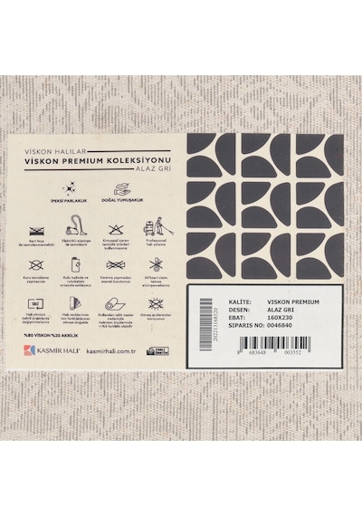 Kaşmir Halı Viskon Premium Alaz Gri 120X180 CM Salon Mutfak Halısı Yolluk Kilim