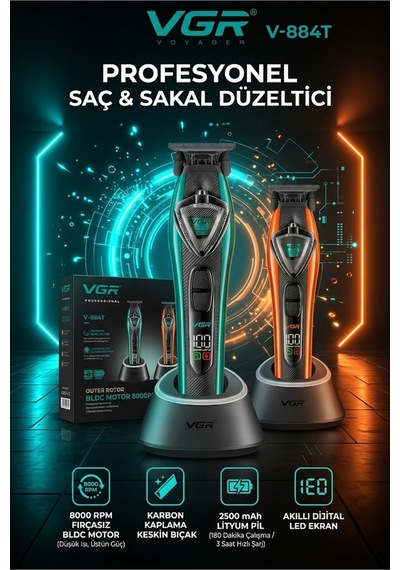 V-884t Profesyonel Sakal Ve Ense Çizim Tıraş Makinesi, 8000 Rpm Bldc Motor, Trimmer, Yedek Kapaklı
