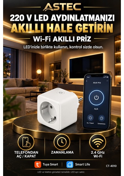 Astec Wi-fi Akıllı Priz 16a 220 V Led Aydınlatma İçin Telefondan Aç/kapat Ve Zamanlayıcı