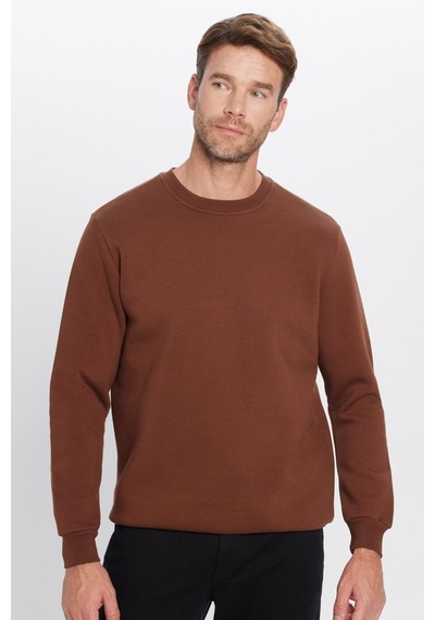 Tudors Unisex Oversize Geniş Kesim Pamuklu Yumuşak Dokulu Polarlı Basic Kahverengi Bisiklet Yaka Sweatshirt-31940 Kahverengi