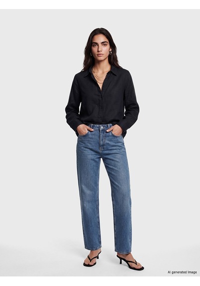 Lcw Vision Siyah Oversize Kadın %100 Keten Gömlek