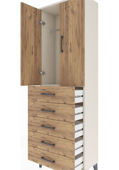 Arges Dolap Tek Raflı 5 Çekmeceli Tek Askılı 60x30x182 Aytaşı-çam Aytası