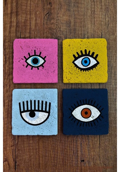 Doğal Taş Bardak Altlığı 4'lü Set - Renli Gözler Nazar - Stone Coasters Çok Renkli
