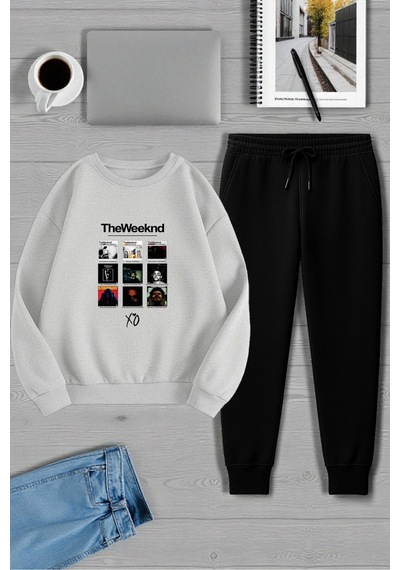 Uyguntarz Unisex The Weekend Tasarım Basklı Bisiklet Yaka Sweatshirt - 2'li Eşofman Takımı Gri