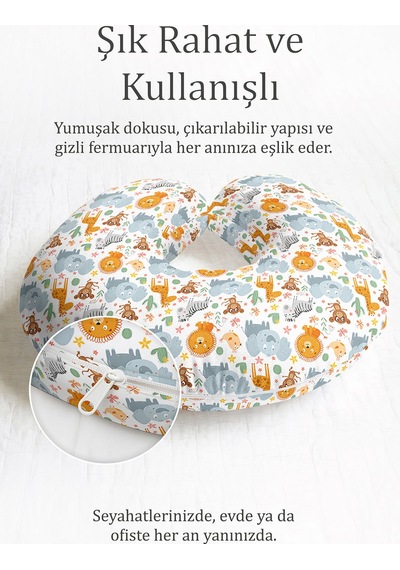 Sevimli Safari Hayvanları Pamuklu Boyun Yastığı - Renkli Turuncu Gri Seyahat Yastığı Koyu Taş Bakır