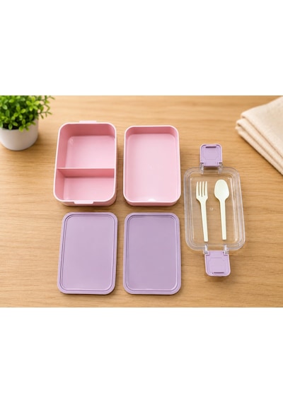 Dordoi Astrallife 2 Katlı Beslenme Kabı 850 Ml + 500 Ml Bölmeli Lunch Box Çatal Kaşık Seti Pembe Renk Çok Renkli