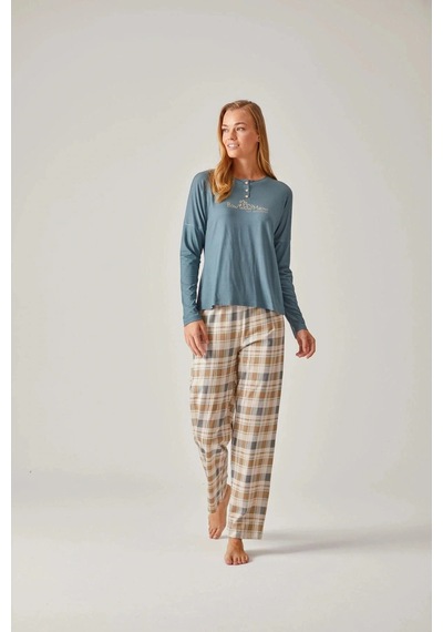 Pamuk & Pamuk Yeşil Bisiklet Yaka Baskılı & Ekose Pantolon Modal Pamuk Kadın Pijama Takımı Yeşil Pamuk & Pamuk Yeşil Bisiklet Yaka Baskılı & Ekose Pantolon Modal Pamuk Kadın Pijama Takımı Yeşil