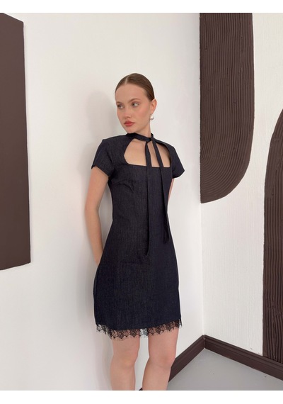Verymoda Dantel Detaylı Kot Elbise D3041 Lacivert