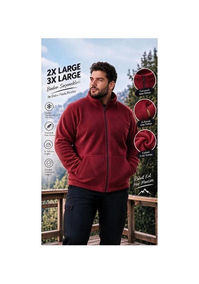 Givoria Büyük Beden Fermuarlı Polar Hırka Yumuşak Polar Ceket Kırmızı Kırmızı