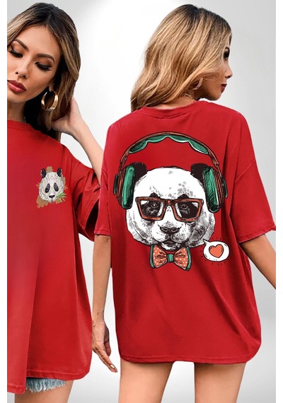 Kulaklıklı Hipster Portre Panda Kırmızı Oversize Unisex Ön Ve Sırt Baskılı Tişört Kırmızı