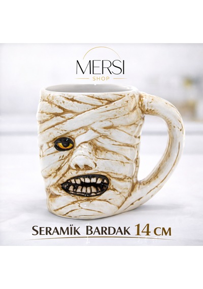Antik Mısır Mumya Figürlü 3d Kabartmalı Seramik Kupa Bardak Dekoratif Kahve Çay Kupası Beyaz