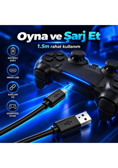 Ps4 Oyun Kolu Şarj Kablosu 1.5 Metre Dualshock 4 Uyumlu Micro Usb Şarj Ve Data Kablosu