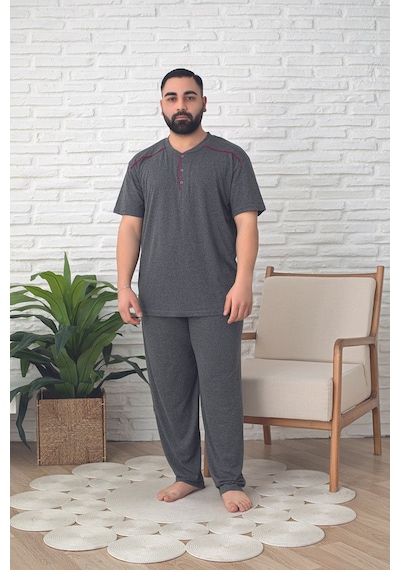 Tampap Erkek Kısa Kollu Büyük Beden Battal Pamuklu Pijama Takımı Gri