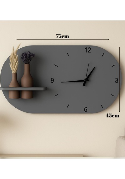 Modern Tasarım Raflı Nera Duvar Saati 75x45 Gri