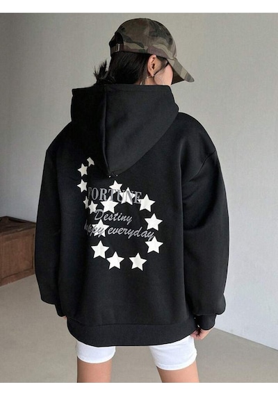 Fortune Stars Hırka - Siyah Baskılı Oversize Kapüşonlu Siyah