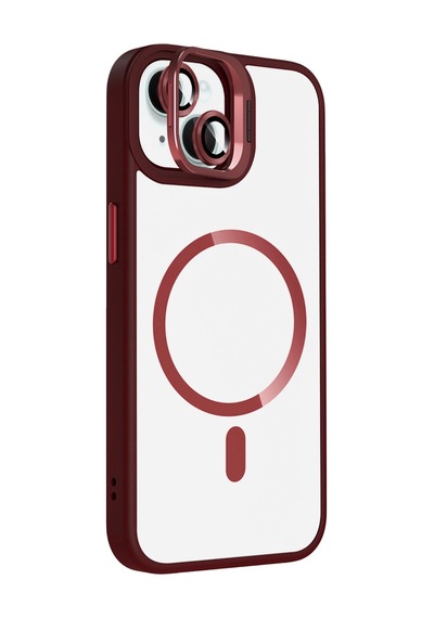 Joko Apple iPhone Uyumlu 13 Remim Lensli Magsafe Standlı Kapak - Bordo Düz Renkli
