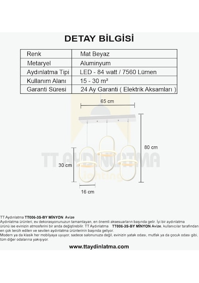 Tt006-3S-By Tt Aydınlatma Minyon Modeli 3 Lü Mat Beyaz Sıralı Led
