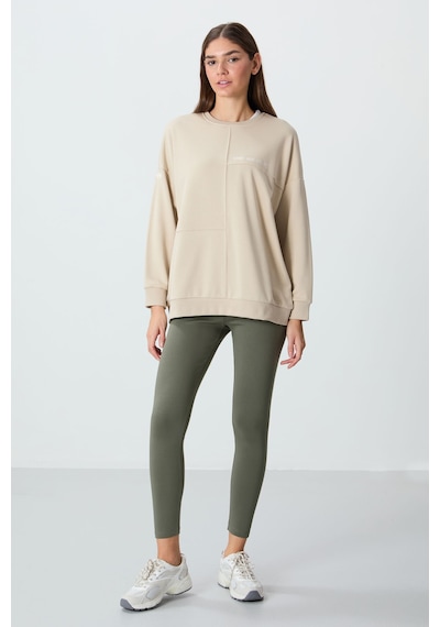 Tommy Life Bej Kompakt Pamuklu Kalın Pürüzsüz Dokulu O Yaka Oversize Fit Kadın Sweatshirt - 97288 Bej