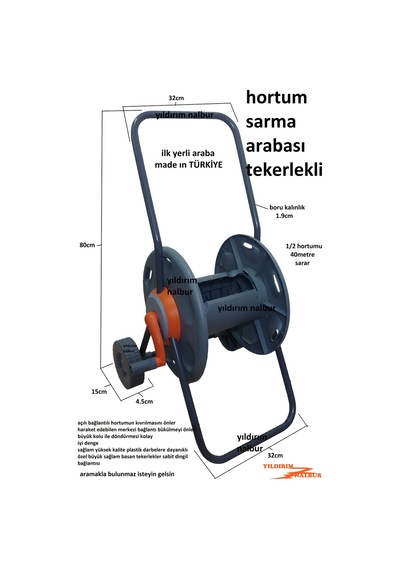 Bahçe Hortum Sarma Aparatı Tekerlekli Araba Pratik 40 Mt