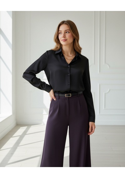 Pera Moda Saten Yüzeyli Fitted Gömlek Siyah