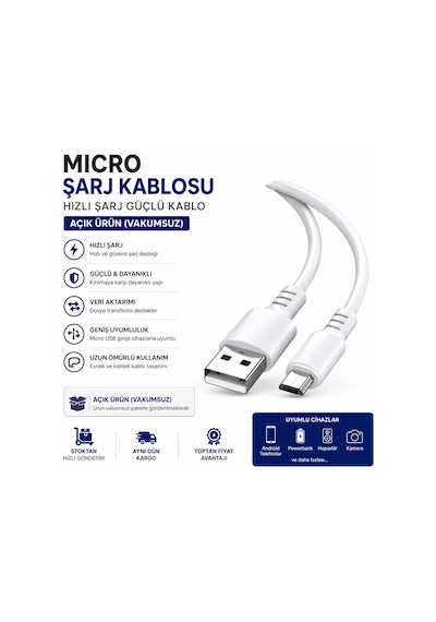 Micro Şarj Kablosu Hızlı Şarj Güçlü Kablo Vakumsuz Açık Ürün