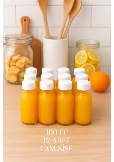 12 Adet 100 Ml Kilitli Beyaz Kapaklı Şeffaf Detox Shot Şişesi 100 Cc Ginger Şat Beyaz Cam Şişe Şeffaf - Siyah