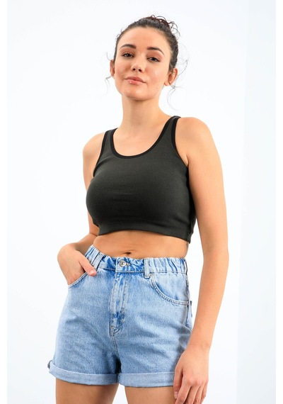 Tommy Life Haki Basic Sıfır Kol Dar Kalıp U Yaka Kadın Crop Top Atlet - 97162 Haki