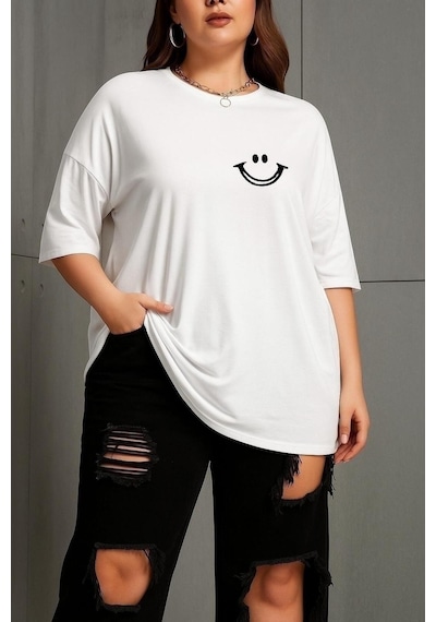 Büyük Beden Gülücük Baskılı Unisex Tişört Beyaz
