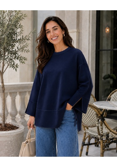 Unika Boutique Kadın Oversize Yırtmaçlı Uzun Kollu Salaş Bluz Lacivert
