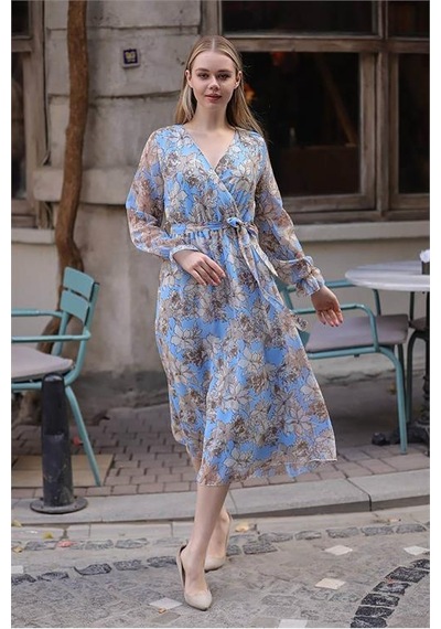 Neşeli Butik Kadın Mavi Kruvaze Yaka Çiçek Desenli Midi Elbise Rssn29 Mavi