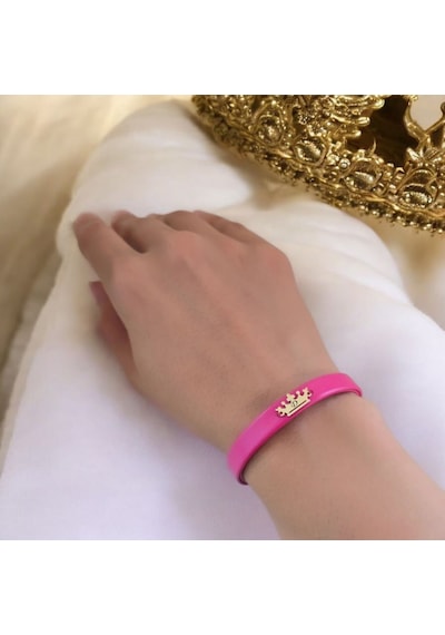 D Harfine Özel Taç Motifli 14 Ayar Altın Plakalı Doğal Pembe Derili Hediye Bileklik-495harf D