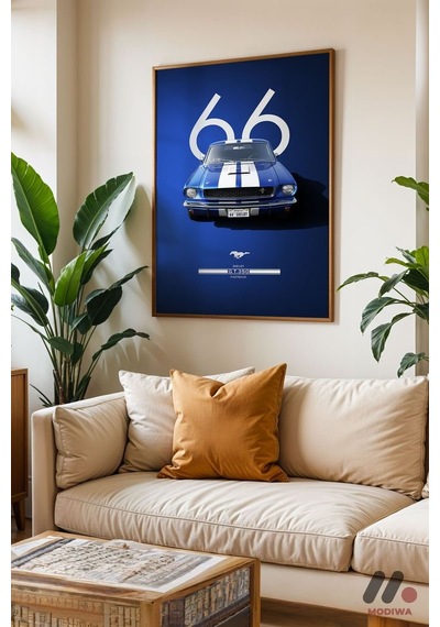 Ford Mustang 1966 Mavi Poster, Ahşap Çerçeveli Duvar Tablosu - Oto Severlere Özel Hediye