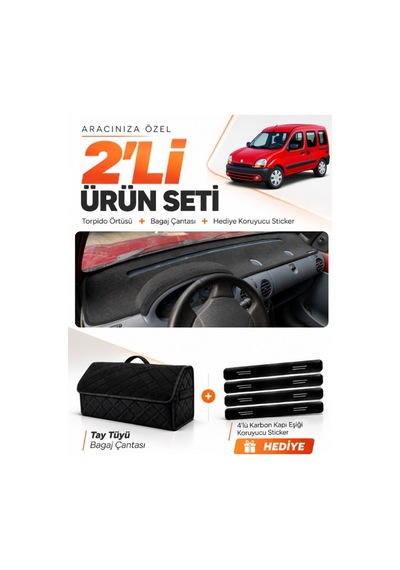 Renault Kangoo 1 1997-2003 Uyumlu Torpido Örtüsü + Tay Tüyü Bagaj Çantası + Sticker Seti - Siyah