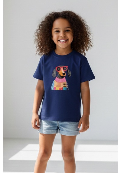 Monila Kız Çocuk Köpek Baskılı Pamuklu Bisiklet Yaka T-shirt Lacivert