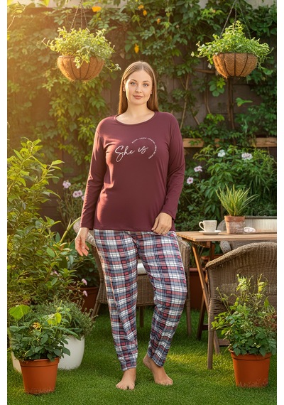 Rindahomewear Büyük Beden Süprem Uzun Kol Pijama Takımı Bordo