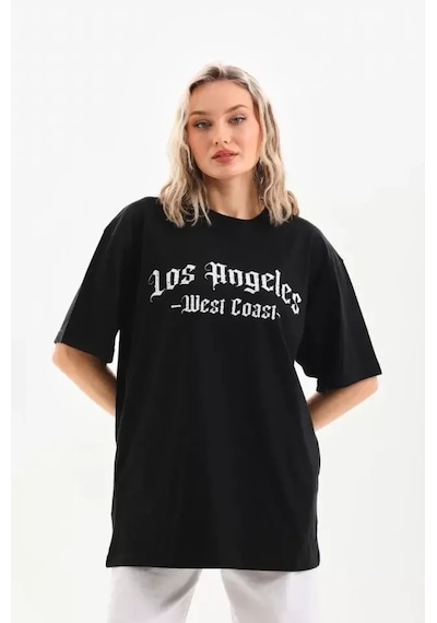 Unisex Baskılı Oversize T-shirt - Siyah Siyah