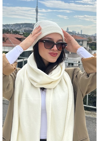 Mollycrush Kadın Kışlık Ekru Atkı Bere Seti Şık Örgü Set Ekru