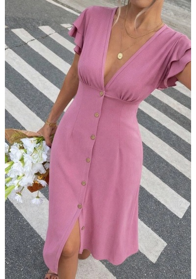 Defymoda Kadın Kısa Kollu V Yakalı Önden Düğmeli Bürümcük Midi Elbise Pembe