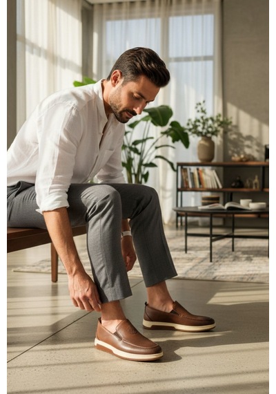 Enoch Hakiki Deri Taba Lazer Baskı Detaylı Beyaz Tabanlı Erkek Comfort Loafer Kahverengi Enoch Hakiki Deri Taba Lazer Baskı Detaylı Beyaz Tabanlı Erkek Comfort Loafer Kahverengi