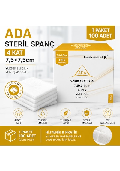 Ada Steril Spanç 4 Kat 7,5 7,5cm 100'Lü 12 Paket
