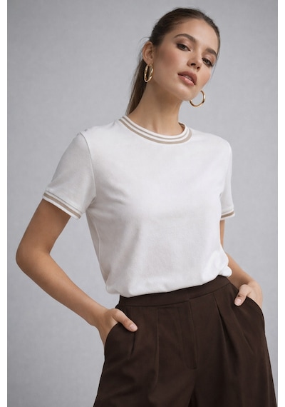 Kadın Beyaz Bisiklet Triko Yaka Kısa Kollu Basic T-shirt Beyaz