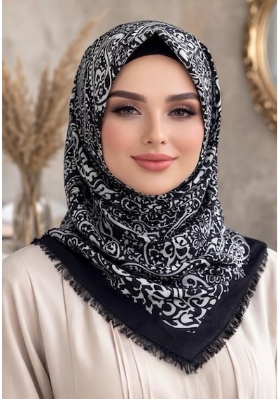 Sinem Emprime Koton Eşarp - Siyah / Gri-6292 SİYAH-BEYAZ