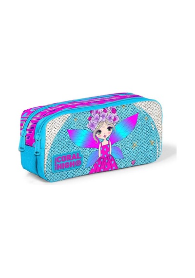 Coral High Kids Pembe Mavi Peri Desenli Simli İki Bölmeli Kalem Çantası 22399 Çok Renkli