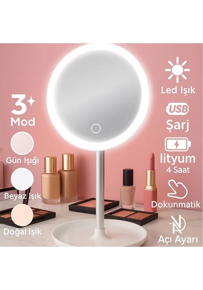 Yuvarlak 6.5 Inc Ledli - Usb Şarjlı Makyaj Aynası 90 Açı Ayarlı Takılı Ayak Renkli Pls İ11-016 5705