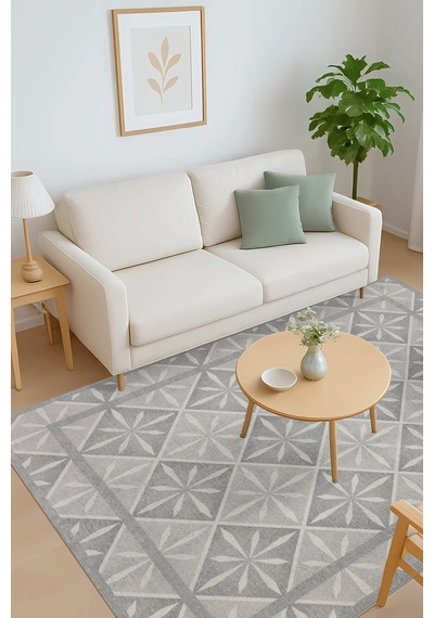 Nora Gri Geometrik Desenli Dokuma Tabanlı Modern Şönil Halı Al 502 Gri